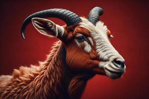 Portrait of a goat with horns on a red background. Studio shot. photo