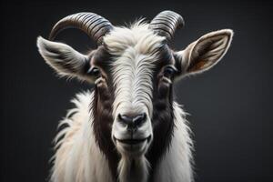 Portrait of a goat with horns on a black background in the studio. generative ai photo