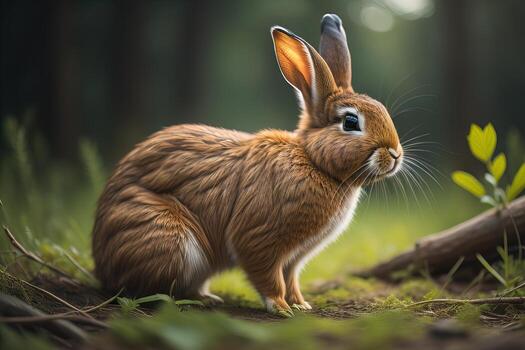 Rabbit in the forest on a background of green grass and trees. photo