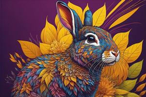 Rabbit with autumn leaves on a purple background. illustration. photo