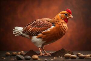 Red chicken with nuts and seeds on a dark brown background, studio shot. generative ai photo