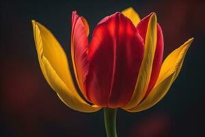 rojo y amarillo tulipán en un oscuro antecedentes. tonificado generativo ai foto