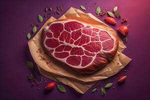 Raw beef steak on paper with herbs and berries on purple background, top view. photo