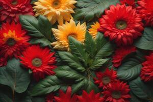 Red and yellow gerbera daisies on green leaves background. photo