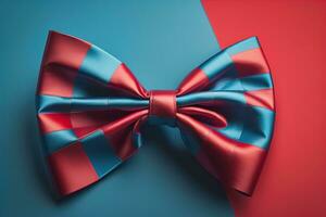 Red bow tie on blue and red background. generative ai photo