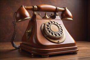 Retro telephone on wooden table. Vintage telephone on wood background. photo