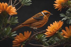 Red-babbler on a branch of an orange flower. photo