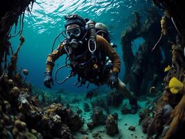 Scuba diver exploring the underwater world in a tropical coral reef. photo
