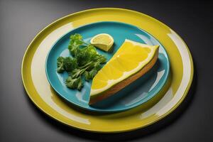 Sliced lemon and parsley on a plate on a black background. photo