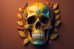 Skull with floral ornament on brown background. generative ai photo