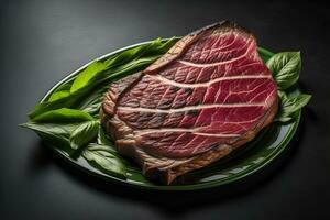 Sliced fresh beef steak with basil leaves on a black background. generative ai photo