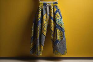 Stylish pants hanging on yellow wall, closeup. Comfortable clothing. photo