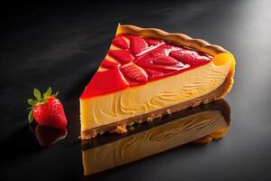 Strawberry Cheese Cheesecake on a black background with reflection. generative ai photo