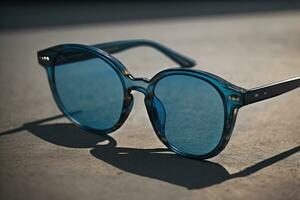 Sunglasses in an iron frame with blue lenses on the asphalt. generative ai photo