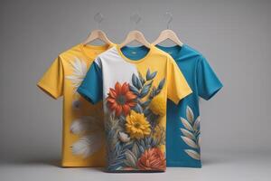 T-shirts with floral pattern on hangers. photo