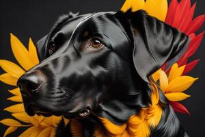 Studio portrait of a black Labrador retriever dog with yellow flowers. photo