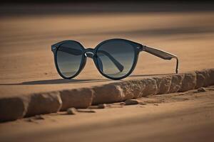 Sunglasses on the sand in the desert. Selective focus. generative ai photo