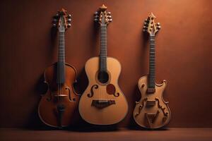 Three acoustic guitars on brown background. Music concept. generative ai photo