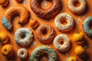 Top view of tasty donuts with sprinkles and oranges on orange background. generative ai photo