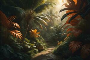 Tropical jungle path with palm trees and leaves. generative ai photo