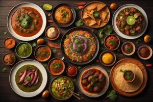 Top view of indian food in bowls on dark wooden background. photo
