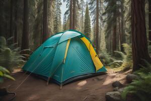 Tourist tent in the forest. Camping in the forest. generative ai photo