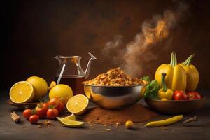 Traditional mexican chili con carne with ingredients on dark background. photo