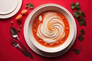 Tomato soup with sour cream and parsley on a red background. photo