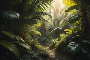 tropical selva con luz de sol y niebla. naturaleza antecedentes. generativo ai foto