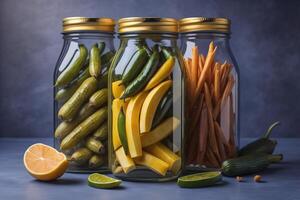 Variety of pickled vegetables in glass jars on a blue background. generative ai photo