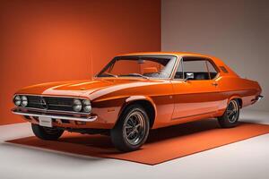 Vintage car with orange color on a white background. photo