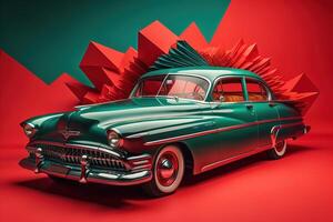 Vintage american car on a red background. generative ai photo