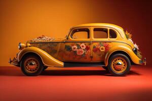 Vintage car with flowers on a red background. generative ai photo