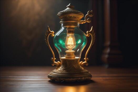 Clásico queroseno lámpara en el de madera mesa en oscuro habitación. generativo ai foto