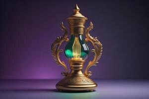 Vintage oil lamp on purple background. generative ai photo