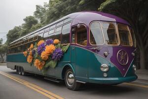 Clásico autobús con flores en el la carretera en el ciudad, generativo ai foto