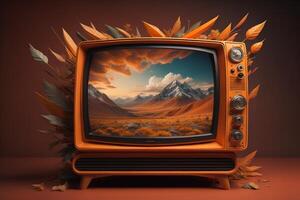 Vintage television with autumn leaves and mountains in the background. photo
