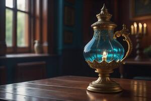 Vintage oil lamp on wooden table in dark room, generative ai photo