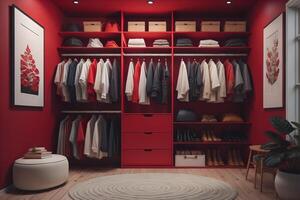 Wardrobe with clothes and accessories in red interior. photo