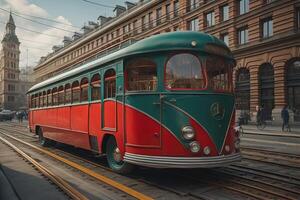 Vintage tram. Travel and transport concept. generative ai photo