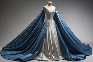 Wedding dress on a mannequin with blue fabric. photo