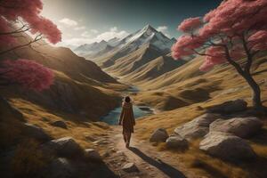 Woman walking on the path in the mountains. photo