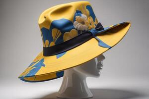 Women's hat with a floral pattern on a mannequin head. photo