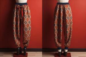 Women's trousers in the interior of the store. photo