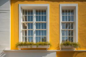 Window and flower pots on the yellow wall of a house. generative ai photo