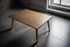 Wooden table on the floor in the interior of the room. photo