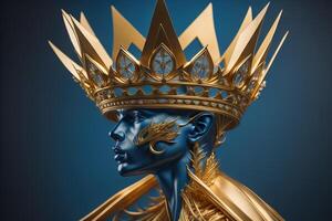 a female head with golden crown on blue background. photo
