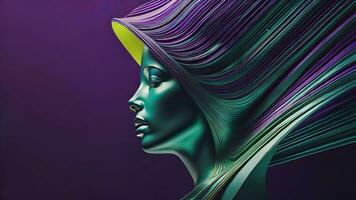 un hembra cara con verde pelo y púrpura antecedentes. generativo ai foto