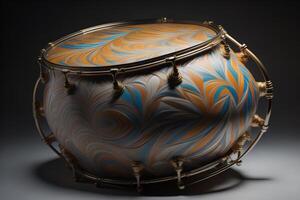 a golden drum on a dark background with a pattern. photo