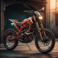 a motorcycle in the old city at night. photo